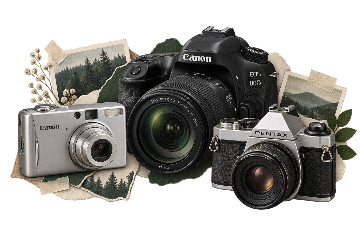 佳能 CCD 卡片机、佳能 80D 配 18–135mm 镜头与宾得机械胶片机剪贴画